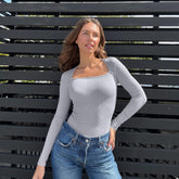 Oumeiya Sexy Rib Square Collar Long Sleeve Belly Contracting Casual Women's Jumpsuit - kinko